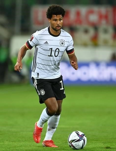 Germany's midfielder Serge Gnabry plays the ball during the FIFA World Cup Qatar 2022 qualification Group J football match between Liechtenstein and...