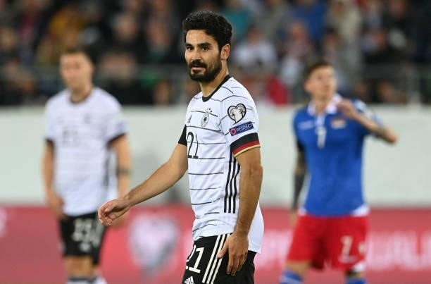 Germany's midfielder Ilkay Guendogan reactsl during the FIFA World Cup Qatar 2022 qualification Group J football match between Liechtenstein and...