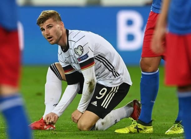 Germany's striker Timo Werner reacts during the FIFA World Cup Qatar 2022 qualification Group J football match between Liechtenstein and Germany, at...