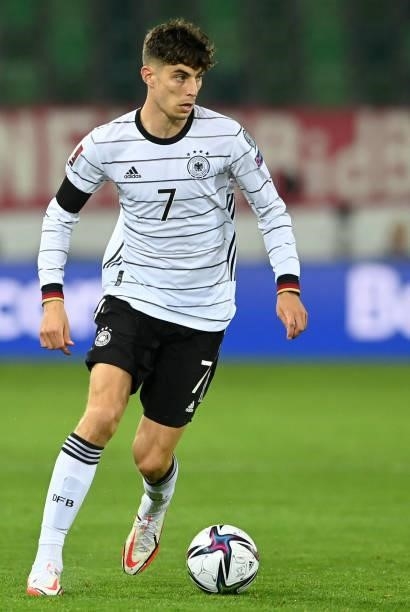 Germany's d midfielder Kai Havertz plays the ball during the FIFA World Cup Qatar 2022 qualification Group J football match between Liechtenstein and...