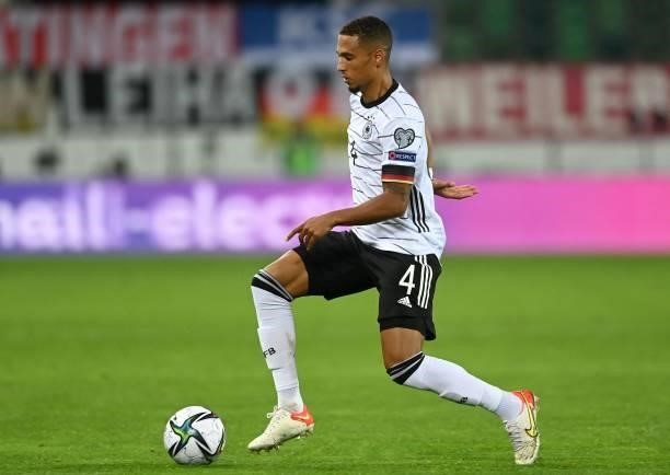 Germany's defender Thilo Kehrer plays the ball during the FIFA World Cup Qatar 2022 qualification Group J football match between Liechtenstein and...