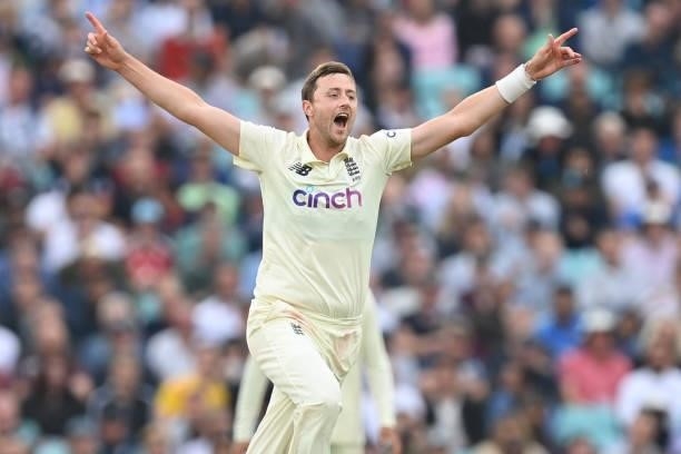 England's Ollie Robinson appeals unsuccessfully for a decision against India's captain Virat Kohli during play on the third day of the fourth cricket...
