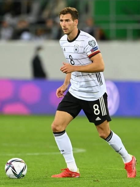 Germany's defender Leon Goretzka plays the ball during the FIFA World Cup Qatar 2022 qualification Group J football match between Liechtenstein and...