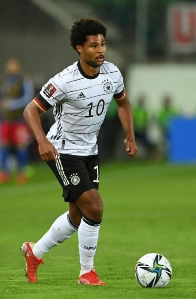 Germany's midfielder Serge Gnabry plays the ball during the FIFA World Cup Qatar 2022 qualification Group J football match between Liechtenstein and...