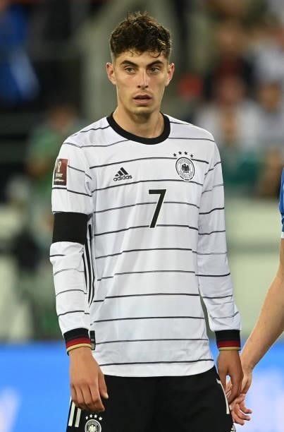 Germany's d midfielder Kai Havertz reacts during the FIFA World Cup Qatar 2022 qualification Group J football match between Liechtenstein and...