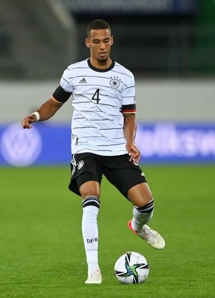 Germany's defender Thilo Kehrer plays the ball during the FIFA World Cup Qatar 2022 qualification Group J football match between Liechtenstein and...