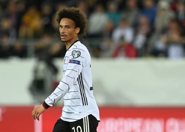 Germany's midfielder Leroy Sane reacts during the FIFA World Cup Qatar 2022 qualification Group J football match between Liechtenstein and Germany,...
