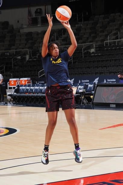 Kelsey Mitchell of the Indiana Fever shoots the ball before the game against the Phoenix Mercury on September 4, 2021 at the Indiana Farmers Coliseum...