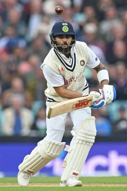 India's captain Virat Kohli plays a shot during play on the third day of the fourth cricket Test match between England and India at the Oval cricket...