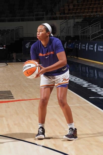 Megan Walker of the Phoenix Mercury handles the ball before the game against the Indiana Fever on September 4, 2021 at the Indiana Farmers Coliseum...