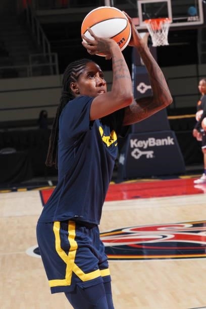 Jessica Breland of the Indiana Fever shoots the ball before the game against the Phoenix Mercury on September 4, 2021 at the Indiana Farmers Coliseum...