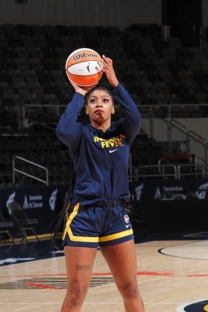 Victoria Vivians of the Indiana Fever shoots the ball before the game against the Phoenix Mercury on September 4, 2021 at the Indiana Farmers...