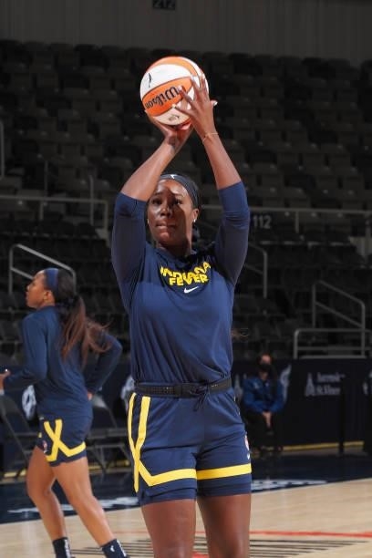 Jantel Lavender of the Indiana Fever shoots the ball before the game against the Phoenix Mercury on September 4, 2021 at the Indiana Farmers Coliseum...