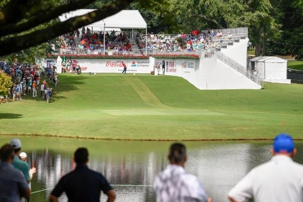 Patrick Reed hits his tee shot at the first tee during the first round of the TOUR Championship at East Lake Golf Club on September 2, 2021 in...