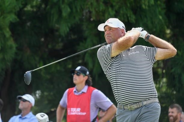 Stewart Cink hits his tee shot on the 16th tee during the first round of the TOUR Championship at East Lake Golf Club on September 2, 2021 in...