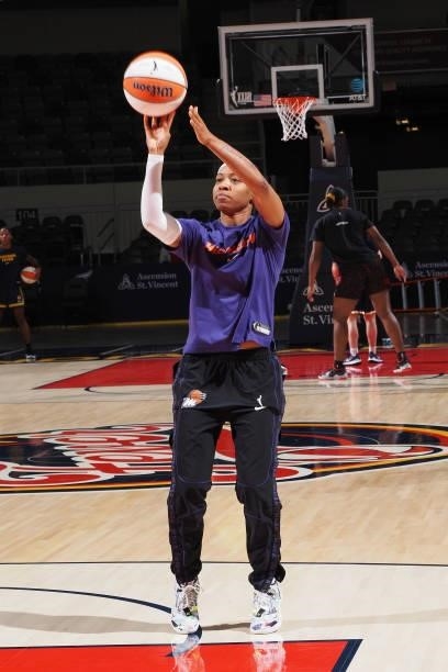 Shey Peddy of the Phoenix Mercury shoots the ball before the game against the Indiana Fever on September 4, 2021 at the Indiana Farmers Coliseum in...
