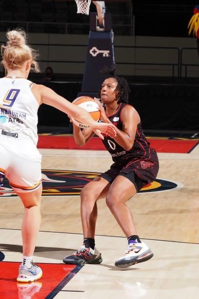 Kelsey Mitchell of the Indiana Fever looks to shoot the ball against the Phoenix Mercury on September 4, 2021 at the Indiana Farmers Coliseum in...