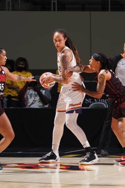 Brittney Griner of the Phoenix Mercury handles the ball against the Indiana Fever on September 4, 2021 at the Indiana Farmers Coliseum in...