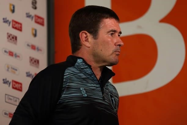 Nigel Clough the manager / head coach of Mansfield Town during the Sky Bet League Two match between Mansfield Town and Harrogate Town at One Call...