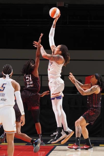 Brittney Griner of the Phoenix Mercury drives to the basket against the Indiana Fever on September 4, 2021 at the Indiana Farmers Coliseum in...