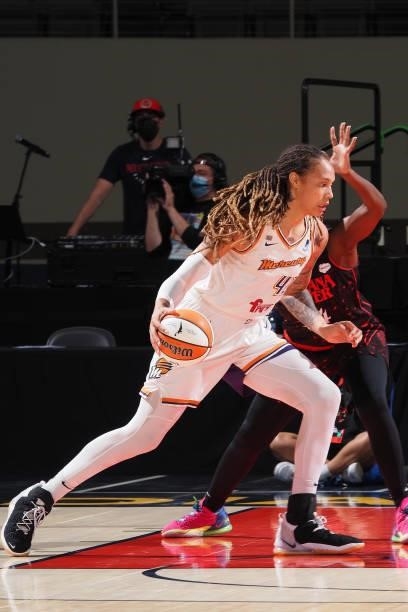 Brittney Griner of the Phoenix Mercury handles the ball during the game against the Indiana Fever on September 4, 2021 at the Indiana Farmers...