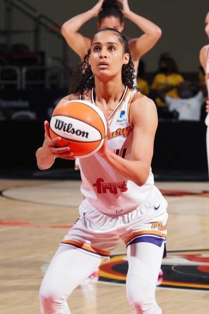 Skylar Diggins-Smith of the Phoenix Mercury shoots a free throw during the game against the Indiana Fever on September 4, 2021 at the Indiana Farmers...