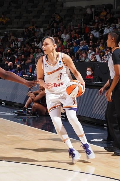 Diana Taurasi of the Phoenix Mercury handles the ball during the game against the Indiana Fever on September 4, 2021 at the Indiana Farmers Coliseum...