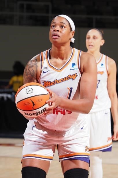 Kia Vaughn of the Phoenix Mercury shoots a free throw against the Indiana Fever on September 4, 2021 at the Indiana Farmers Coliseum in Indianapolis,...
