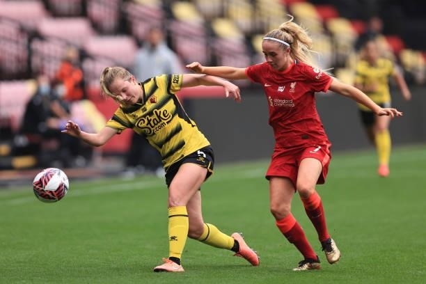Missy Bo Kearns of Liverpool in action with Anne Meiwald of Watford during the Barclays FA Women's Championship between Watford Ladies and Liverpool...