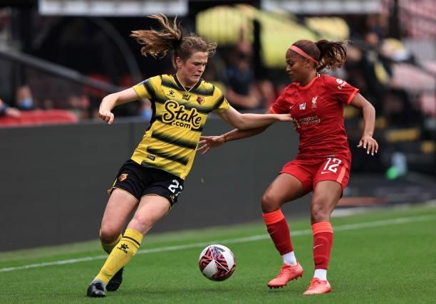 Corrine Henson of Watford in action with Taylor Hinds of Liverpool during the Barclays FA Women's Championship between Watford Ladies and Liverpool...