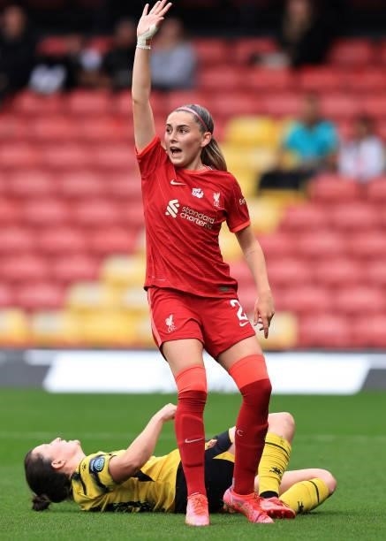 Charlotte Wardlaw of Liverpool in action with Helen Ward of Watford during the Barclays FA Women's Championship between Watford Ladies and Liverpool...