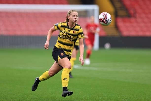 Ylenia Priest of Watford during the Barclays FA Women's Championship between Watford Ladies and Liverpool Women at Vicarage Road on September 4, 2021...