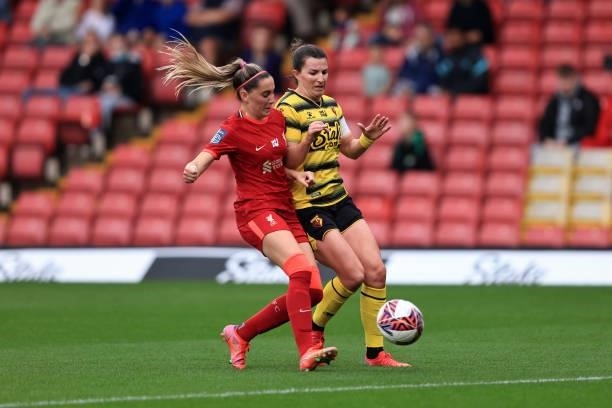 Leighanne Robe of Liverpool in action with Helen Ward of Watford during the Barclays FA Women's Championship between Watford Ladies and Liverpool...