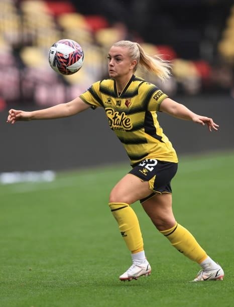 Jenna Legg of Watford during the Barclays FA Women's Championship between Watford Ladies and Liverpool Women at Vicarage Road on September 4, 2021 in...