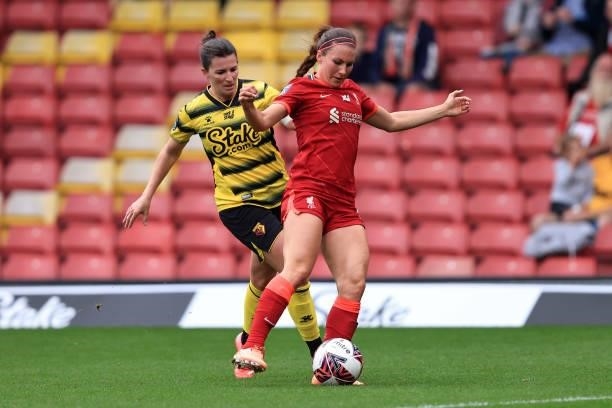 Leighanne Robe of Liverpool in action with Helen Ward of Watford during the Barclays FA Women's Championship between Watford Ladies and Liverpool...