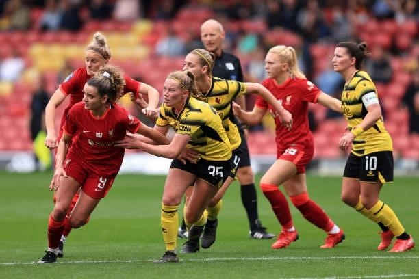 Leanne Kieran of Liverpool jostles with Georgia Clifford of Watford during the Barclays FA Women's Championship between Watford Ladies and Liverpool...