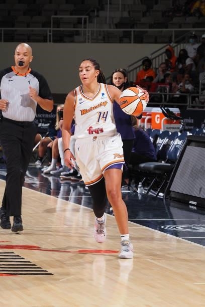 Bria Hartley of the Phoenix Mercury handles the ball during the game against the Indiana Fever on September 4, 2021 at the Indiana Farmers Coliseum...