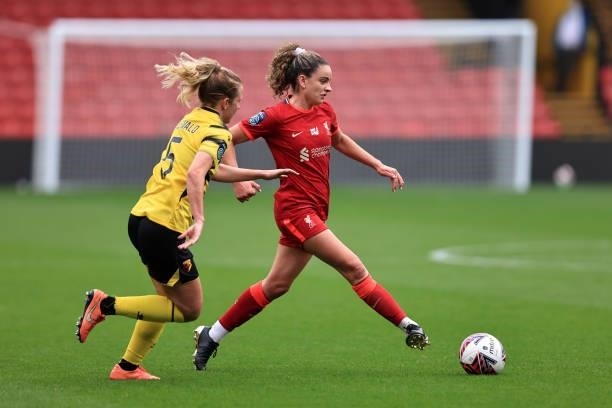 Leanne Kieran of Liverpool in action with Anne Meiwald of Watford during the Barclays FA Women's Championship between Watford Ladies and Liverpool...