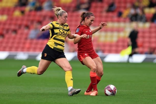 Leighanne Robe of Liverpool in action with Flo Fyfe of Watford during the Barclays FA Women's Championship between Watford Ladies and Liverpool Women...