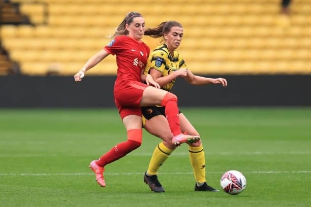 Charlotte Wardlaw of Liverpool in action with Anaisa Harney of Watford during the Barclays FA Women's Championship between Watford Ladies and...