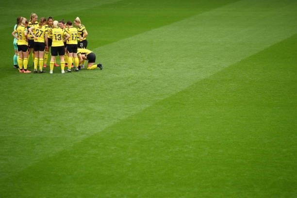 Watford players huddle prior to the Barclays FA Women's Championship between Watford Ladies and Liverpool Women at Vicarage Road on September 4, 2021...