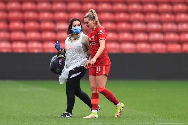 Melissa Lawley of Liverpool is treated for an injury during the Barclays FA Women's Championship between Watford Ladies and Liverpool Women at...