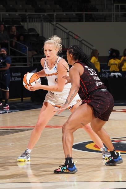 Sophie Cunningham of the Phoenix Mercury handles the ball during the game against the Indiana Fever on September 4, 2021 at the Indiana Farmers...