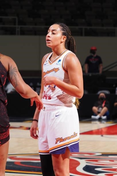 Bria Hartley of the Phoenix Mercury looks on during the game against the Indiana Fever on September 4, 2021 at the Indiana Farmers Coliseum in...