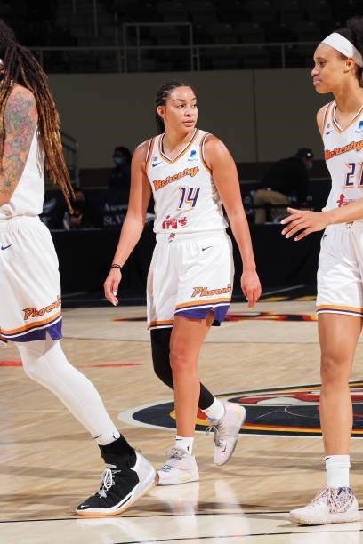 Bria Hartley of the Phoenix Mercury looks on after the game against the Indiana Fever on September 4, 2021 at the Indiana Farmers Coliseum in...