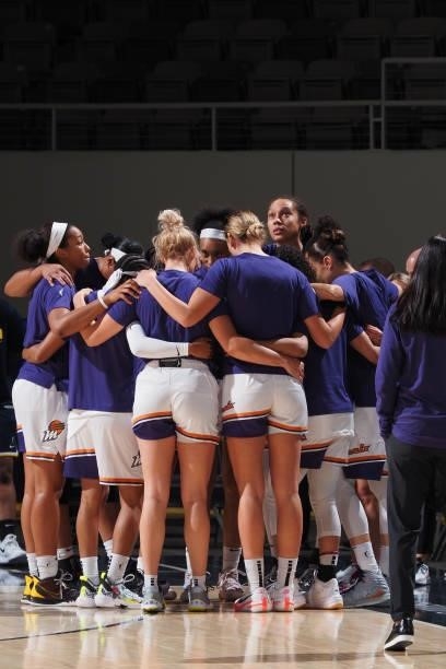 The Phoenix Mercury huddle up before the game against the Indiana Fever on September 4, 2021 at the Indiana Farmers Coliseum in Indianapolis,...