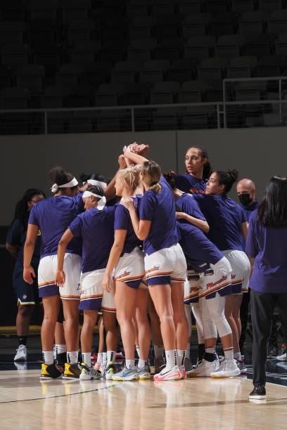 The Phoenix Mercury huddle up before the game against the Indiana Fever on September 4, 2021 at the Indiana Farmers Coliseum in Indianapolis,...