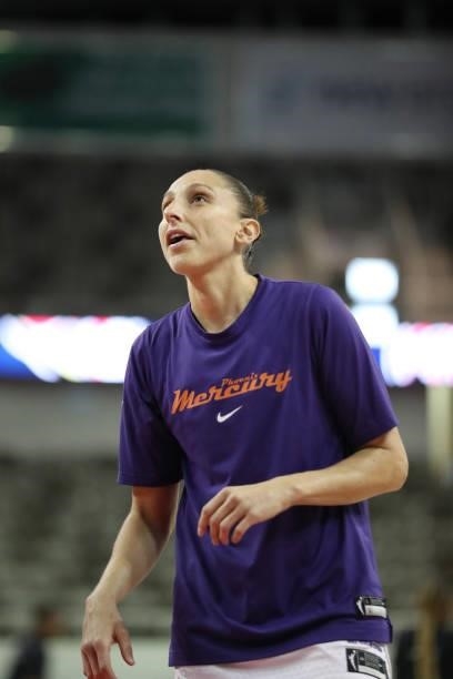 Diana Taurasi of the Phoenix Mercury looks up before the game against the Indiana Fever on September 4, 2021 at the Indiana Farmers Coliseum in...
