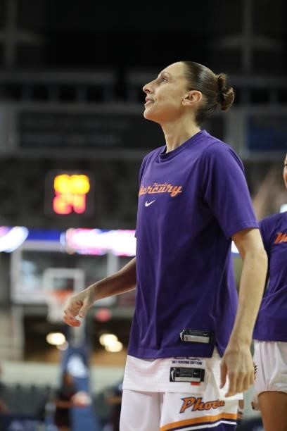 Diana Taurasi of the Phoenix Mercury looks on before the game against the Indiana Fever on September 4, 2021 at the Indiana Farmers Coliseum in...