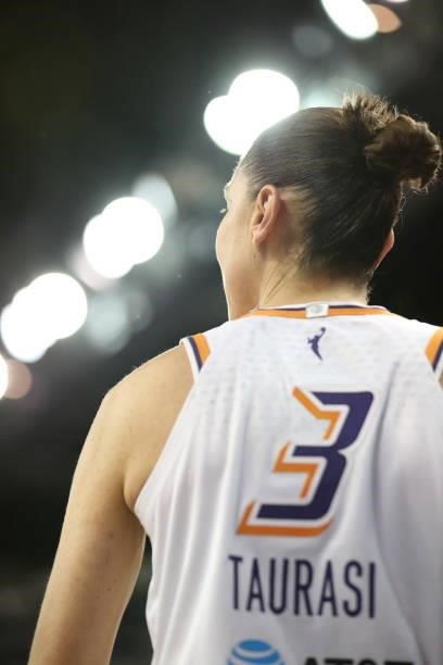 Diana Taurasi of the Phoenix Mercury looks on during the game against the Indiana Fever on September 4, 2021 at the Indiana Farmers Coliseum in...